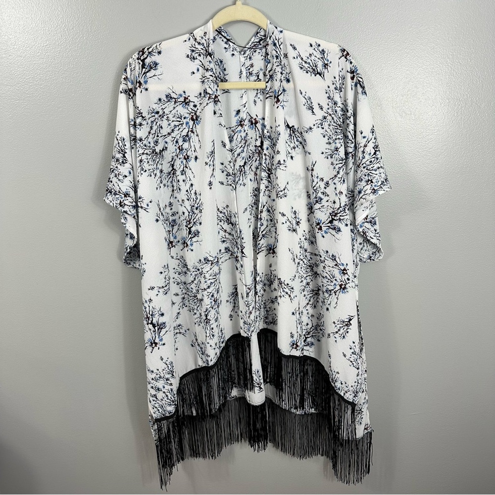 Cato Floral Fringe Black/Blue Kimono/Cover-Up Women's One Size